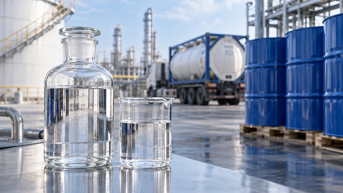 MEG — clear liquid product with drums, ISO tank and refinery